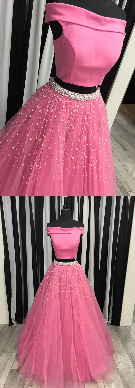 Two Piece Off The Shoulder Watermelon Long Prom Dress, 2018 Prom Dress With White Pearls