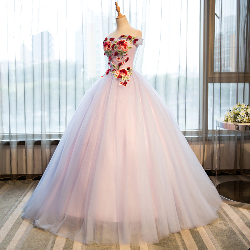 Princess Strapless Off Shoulder Flower Long Tulle Prom Gown, Formal Evening Dress