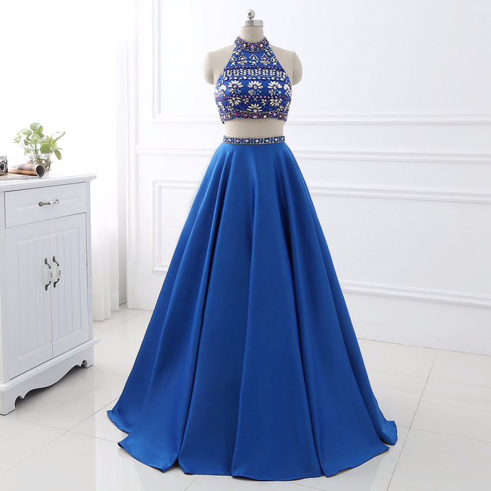 Two Pieces Prom Dress Sexy Backless Halter Party Dresses