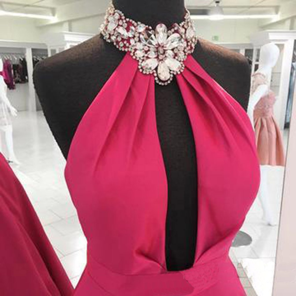 Hot pink satin ,hollow out ,long backless ,long beaded neck evening dress, party dress,Party Dress,Sexy Custom Made ,New Fashion
