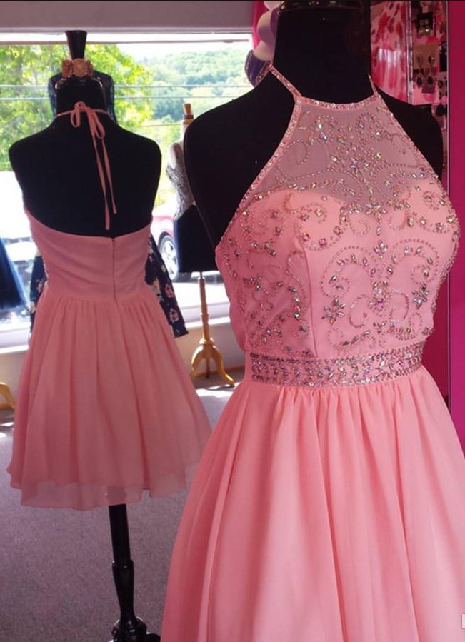 Chic Beaded Halter Pink Chiffon Homecoming Dresses Short Prom Gowns Custom Made Arrive Buy Short