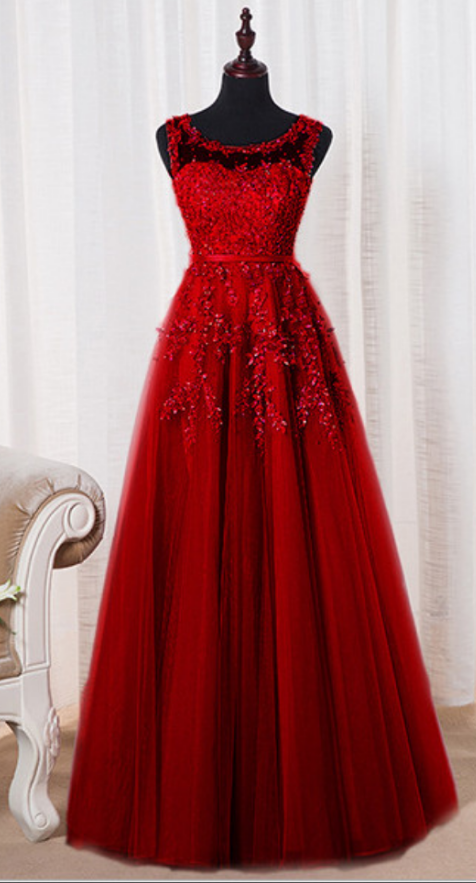 Dark Red Tulle Evening Dresses, A-line Round Neckline Formal Gowns, Charming Prom Dress,