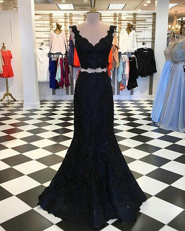 Elegant Black Lace Mermaid Prom Dresses Formal Two Pieces Prom Party Gowns
