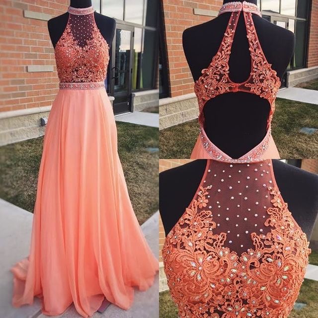 Elegant Chiffon Long Prom Dresses With Beaded Lace Open Back For Women