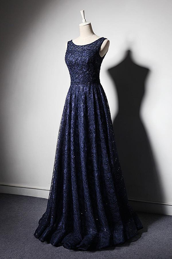 Dark Navy Lace A-line Prom Dress,long Evening Dress,evening Dress,sweet 16 Dress,long Prom Dresses,prom Dresses