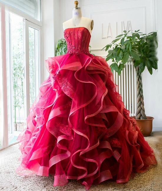 Unique Ruffled Tulle Lace Burgundy Long Prom Dress, Ball Gown Evening Dress