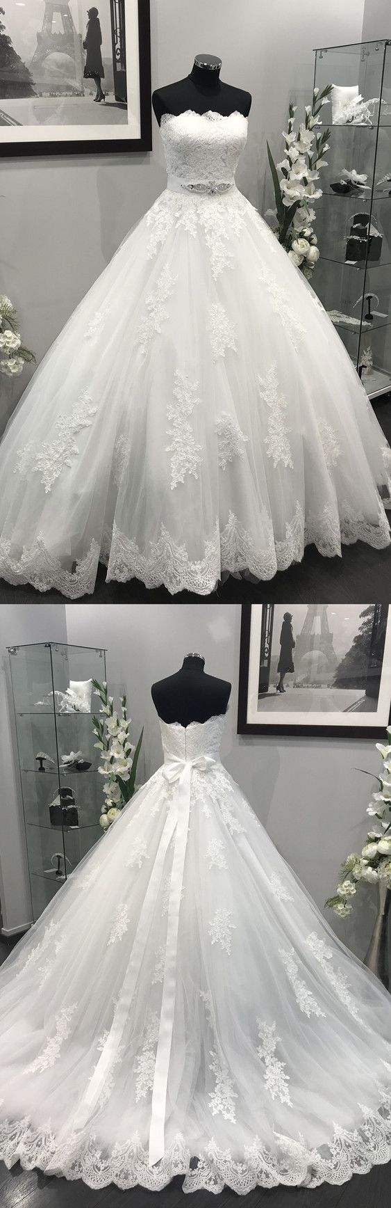 Lace Appliques Crystal Beaded Sashes Tulle Wedding Dresses Ball Gowns, Pricess White Lace Country Wedding Dresses, Women Wedding Gowns