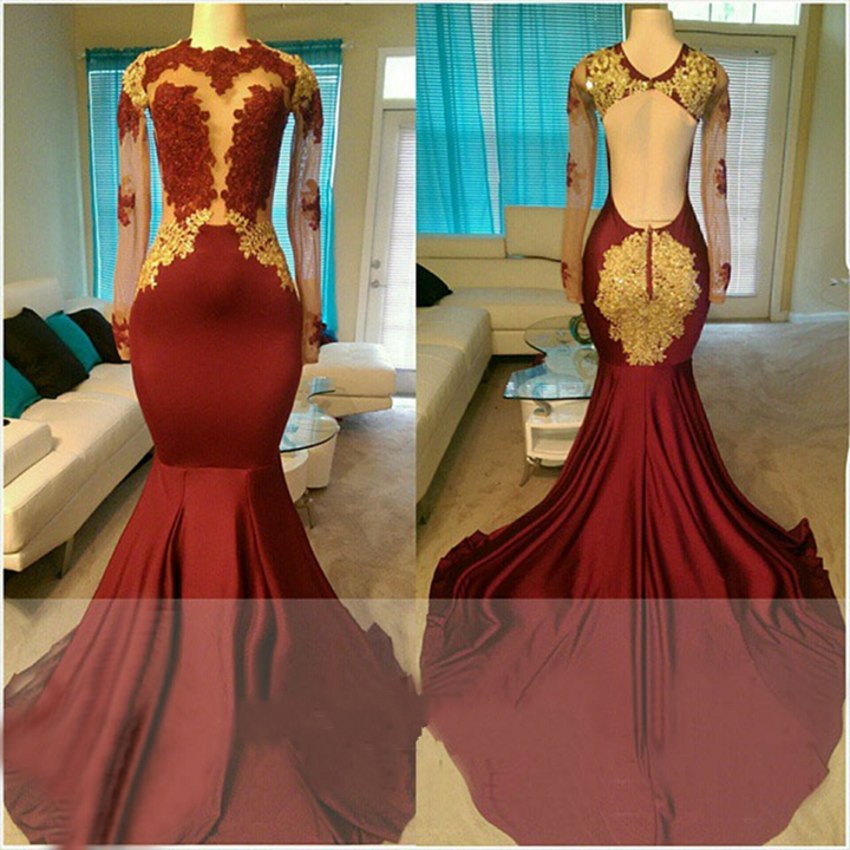 Appliqued Illusion Bodice Long Sleeves Mermaid Prom Dress With Open Back