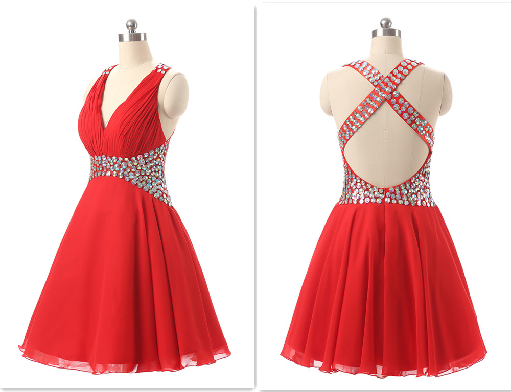Open Back Homecoming Dresses, Red Homecoming Dresses, Mini Homecoming Dresses, Deep-v Neck Homecoming Dresses