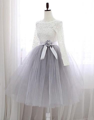 Gray Lace Short Prom Dress, Long Sleeve Evening Dress