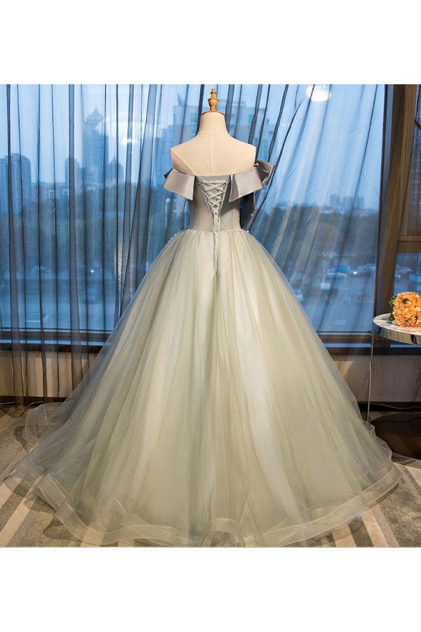 Elegant Lace-up Back Floral Appliques Grey Long Prom Dress