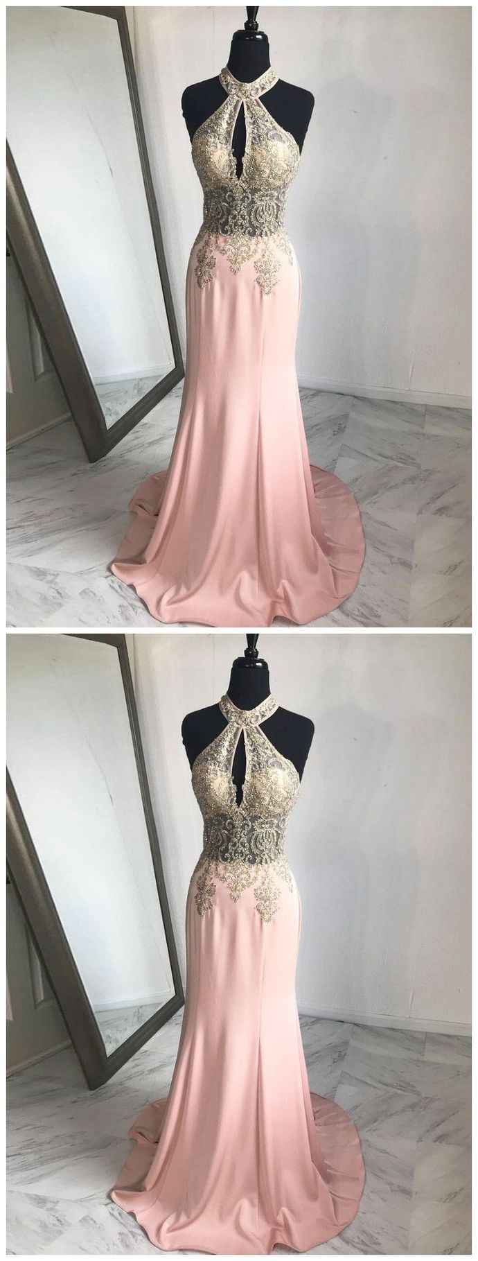 Trumpet/mermaid Halter Prom Dress Sparkly Prom Dresses Pink Long Evening Dress