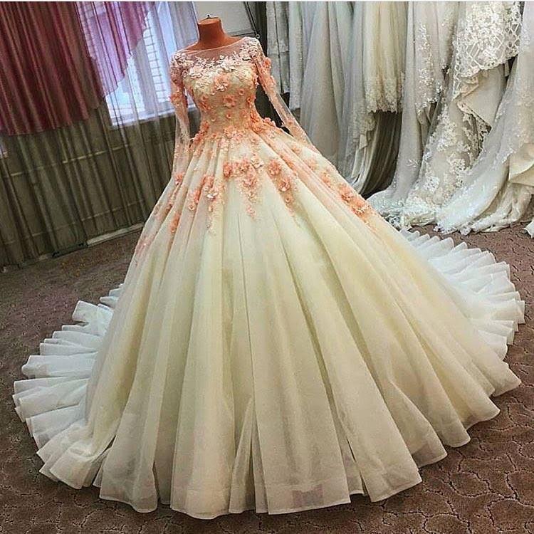 Gergeous Appliques Ball Gown Wedding Dresses, Sexy Long Sleeve Tulle Wedding Gown, Formal Bridal Dress