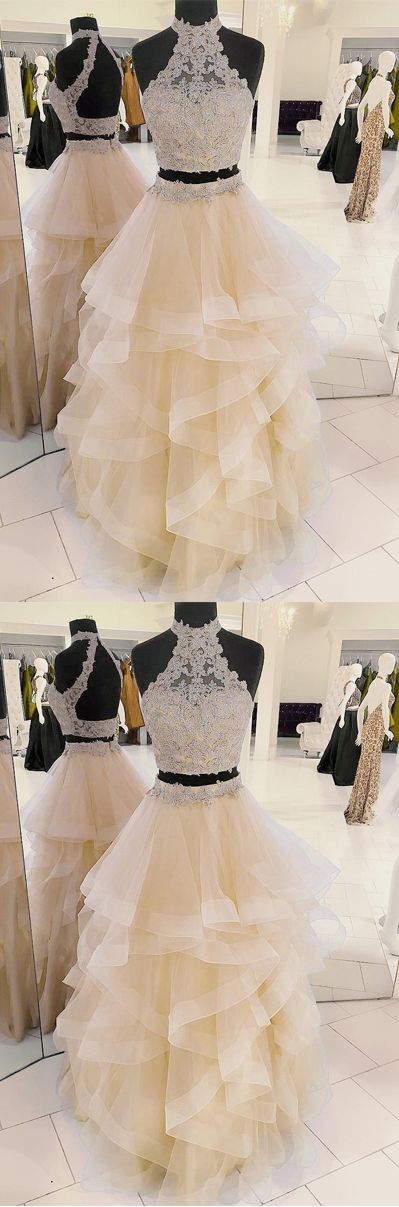 Two-piece Halter Champagne Tulle Long Prom/evening Dress With Appliques