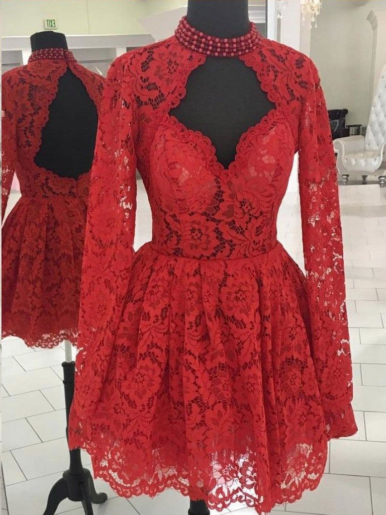 Chic A-line High Neck Long Sleeve Homecoming Dress Red Lace Short Prom Dress