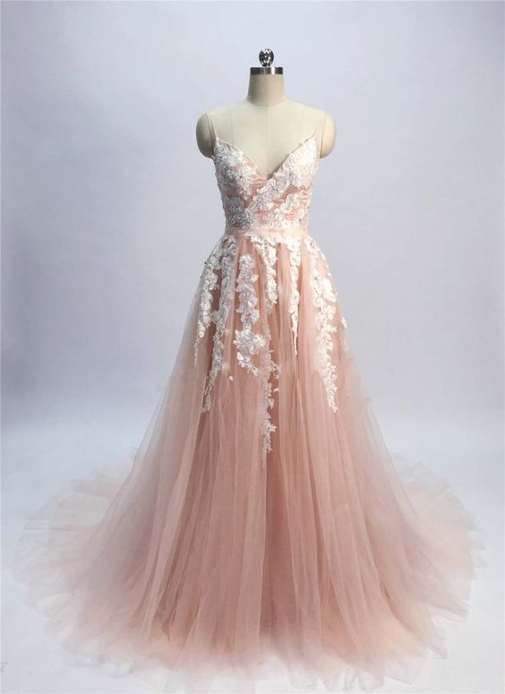 Champagne Pink Tulle Spaghetti Straps 
