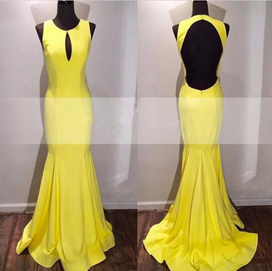 Yellow O Neck Open Back Sleeveless Girl Prom Dress Long Stretch Satin Floor Length Mermaid Prom Dresses
