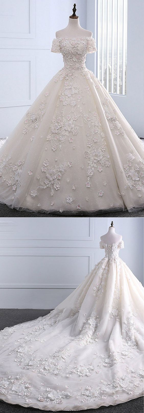 Ivory Strapless Sweep Train Off Shoulder Lace Wedding Dress With Sleeves