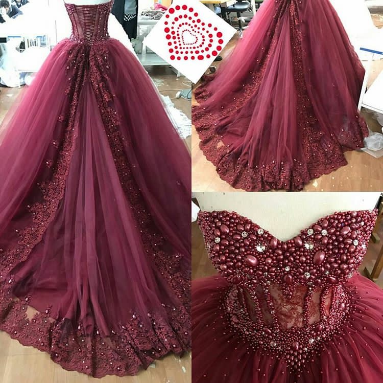 Boned Sweetheart Bridal Dresses With Luxury Crystal,burgundy Lace Appliques Court Train Prom Dresses,small Pearls Beaded Bridal Dresses