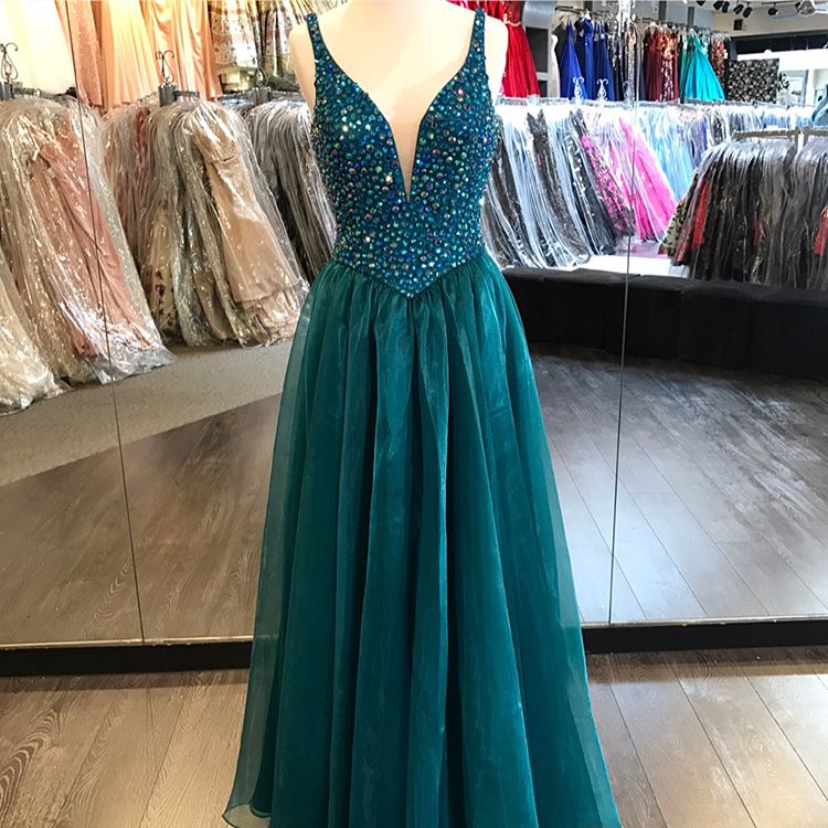 V Neckline Crystal Organza Prom Dresses,prom Dresses,sexy Evening Dresses,evening Gowns,pageant Dresses