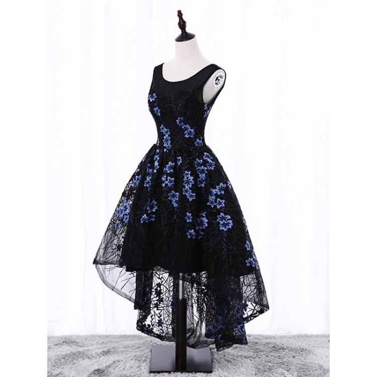 Black Lace High-low Dress With Blue Flowers on Luulla
