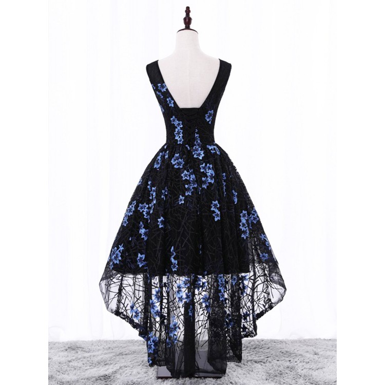 Black Lace High-low Dress With Blue Flowers Black Lace High-low Dress With Blue Flowers