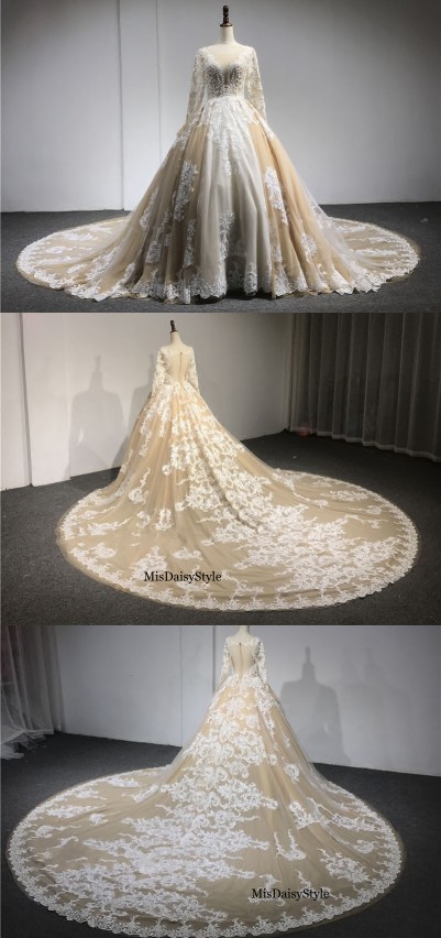Ball Gown Champagne Wedding Dress,Long Sleeves Lace Wedding Dresses