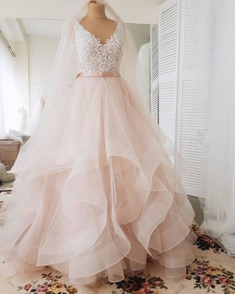 V-neckline Blush Wedding Dress,High Quality Lace Bridal Dress,Tiered Skirt Wedding Gown