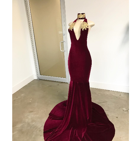 Burgundy Velvet Prom Dresses,High Neck Sexy Prom Dress,Hollow Out Mermaid Prom Dresses,Sleeveless Backless Evening Gowns,Gold Lace Appliqued Prom Dresses