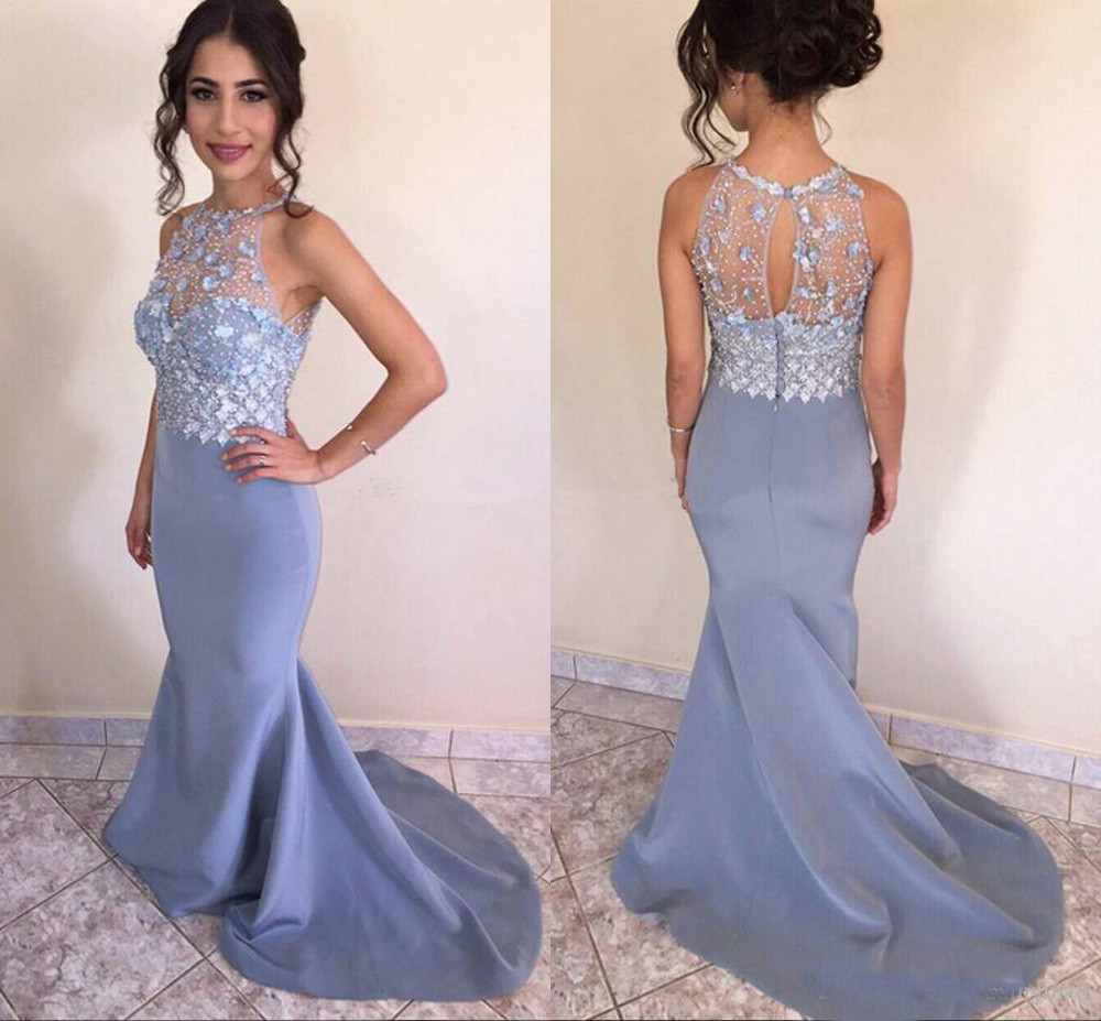 light blue satin prom dress