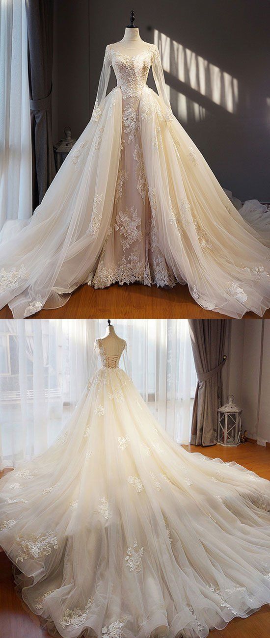 Unique Champagne Tulle Lace Long Prom Dress, Champagne Wedding Dress