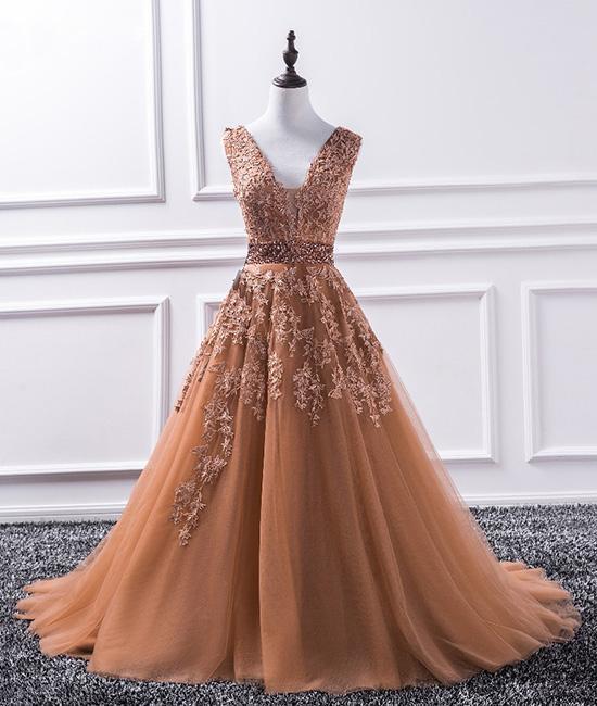 Lace Appliques Plunge V Sleeveless Floor Length Tulle Formal Dress, Prom Dress