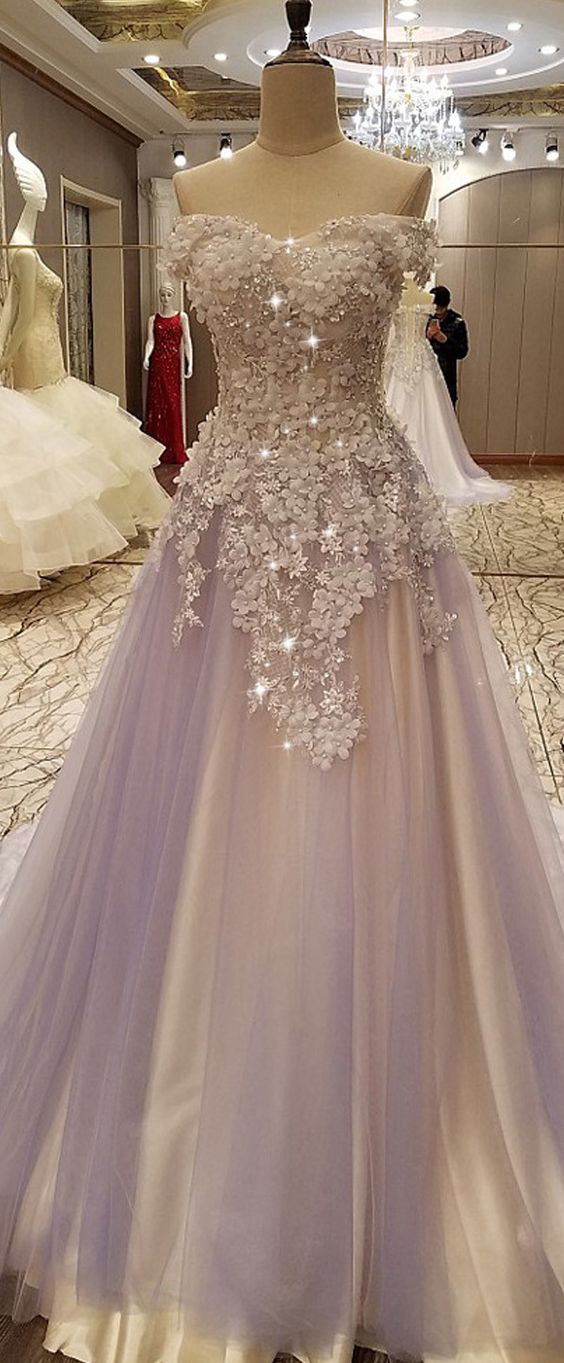 Modest Tulle Off-the-shoulder Neckline A-line Prom Dresses With Lace Appliques & Handmade Flowers,custom Made,party Gown,evening Dress