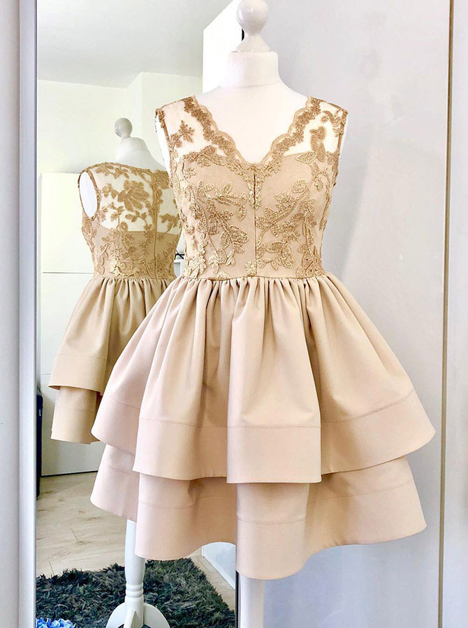 A-line V-neck Champagne Satin Short Homecoming Dress With Lace, Simple Short Graduation Dress, Two Layers Satin Party Dress