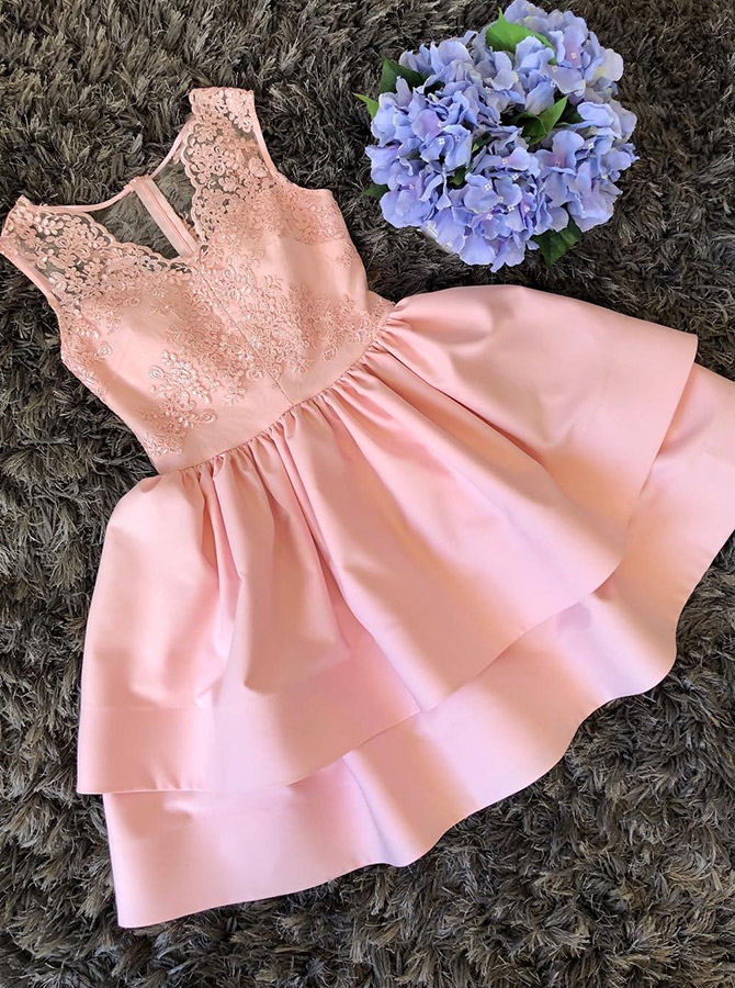 Cute Mini V Neck Homecoming Dress, A Line Two Layers Lace Graduation Dress, Satin Prom Dress With Lace