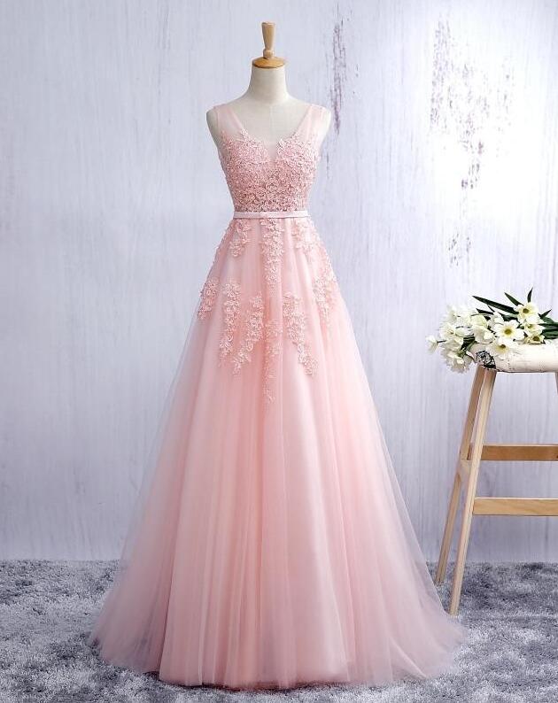 V Neck Tulle Lace Applique Light Pink Long Prom Dresses, Light