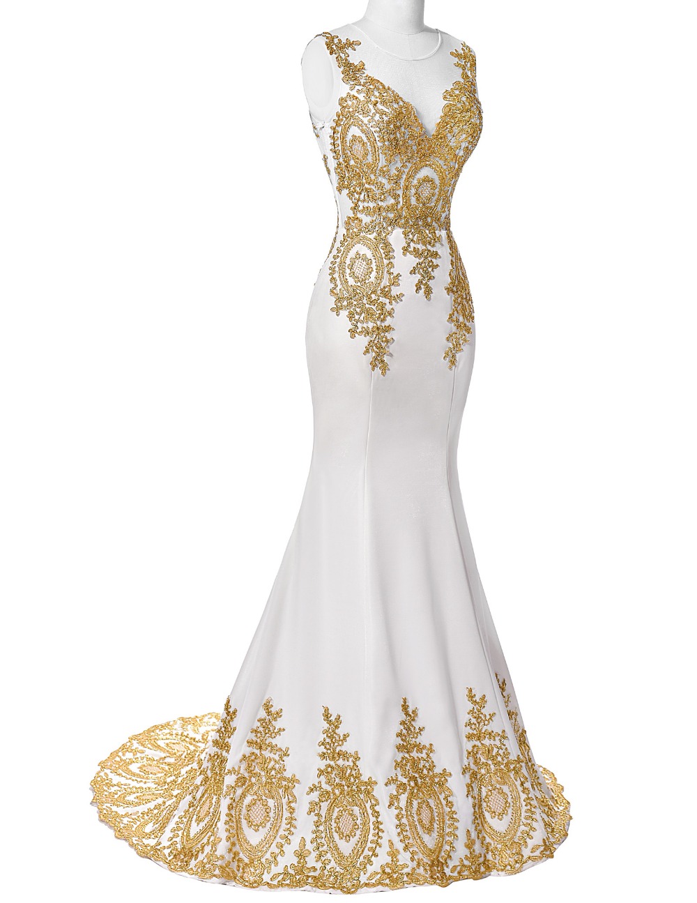 Scoop Neck Mermaid Chiffon Prom Dress Golden Appliques Formal Dress