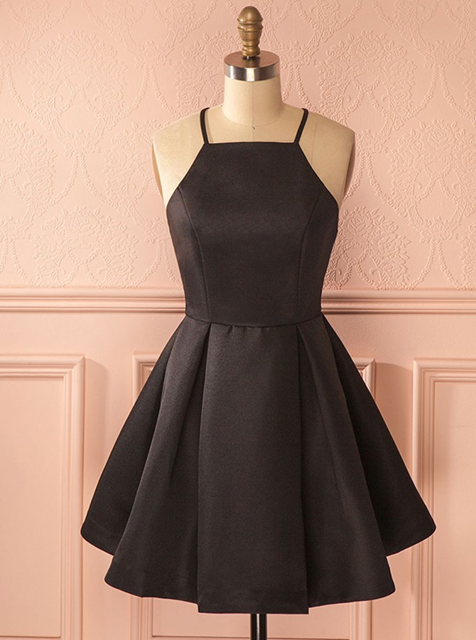 Cute A-line Square Neck Short Satin Black Homecoming Dress,pleats Homecoming Dress
