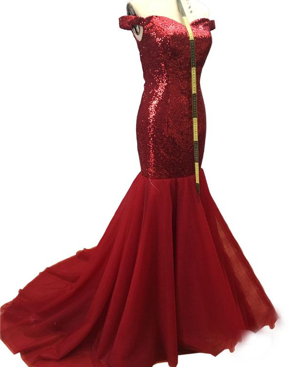 Off The Shoulder Mermaid Evening Dresses Sparkly Red Sequined Prom Party Gowns Tulle Ruffles