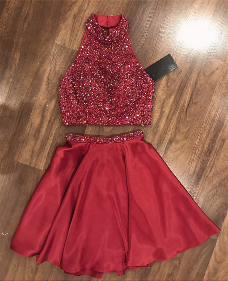 High Neck Homecoming Dress,two Piece Prom Dresses,short Prom Dress Crystal Beaded
