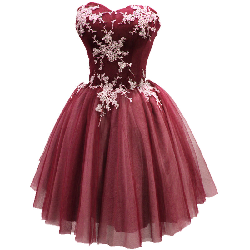 Short Burgundy Tulle Homecoming Dress With White Applique, Cute Party Dress 2018, Sweetheart Homecoming Dresses
