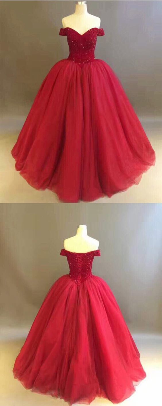 Off The Shoulder Ball Gown Red Tulle Prom Dress