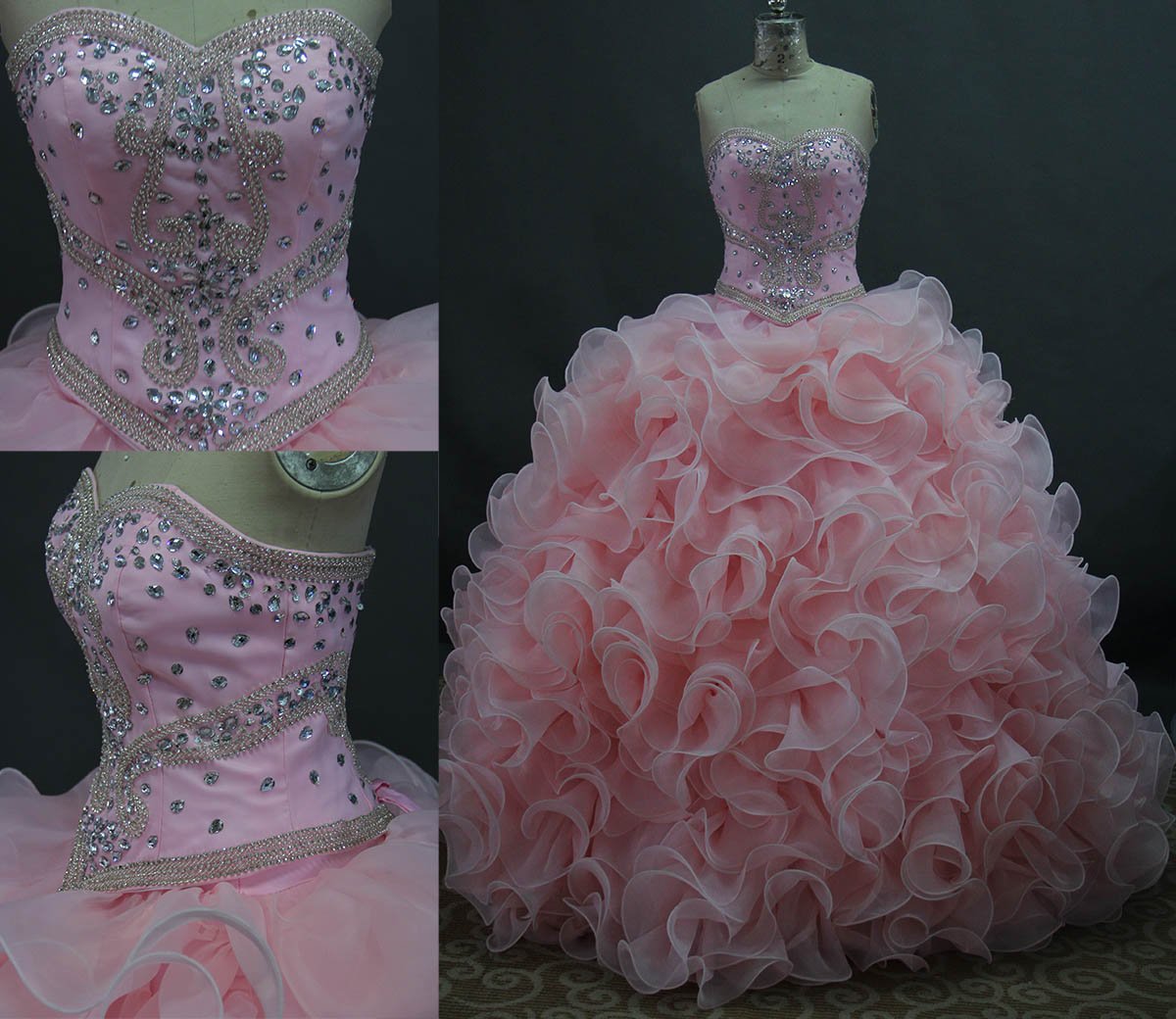 Sweetheart Two Pieces Ball Gown Quinceanera Dress ,pink Puffy Organza Prom Dress For Sweet 15 Birthday Party Debutante Gown