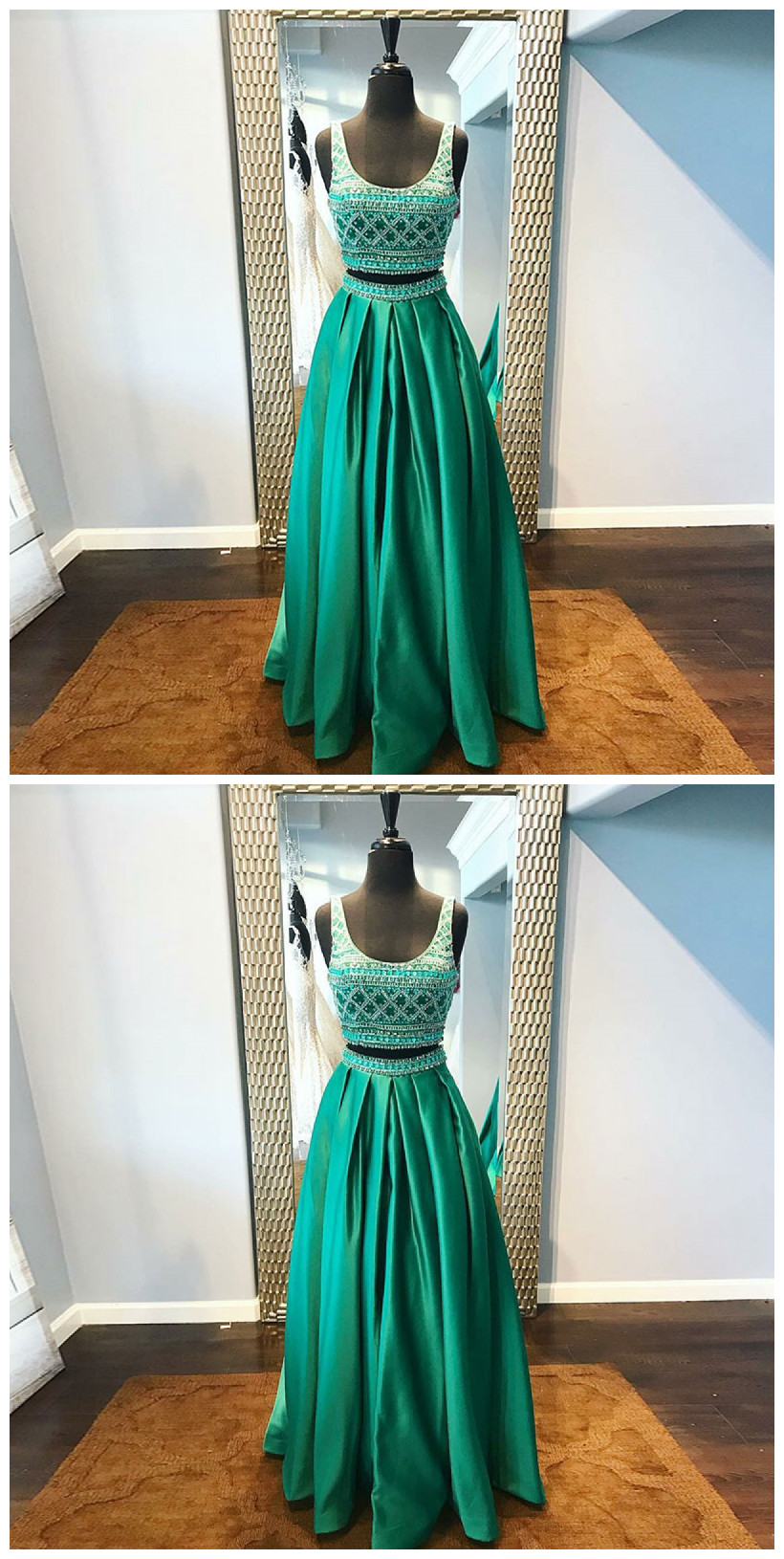 Two Piece Scoop Floor-length Green Satin Beaded Prom Dress