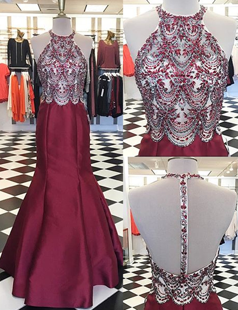 Round Neck Backless Appliques Prom Dress With Beading,fashion Prom Dress,sexy Party Dress,custom Made Evening Dress