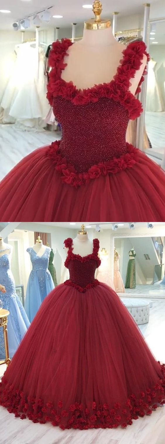 Ball Gown Straps Burgundy Tulle Beaded Quinceanera Dress With Flowers