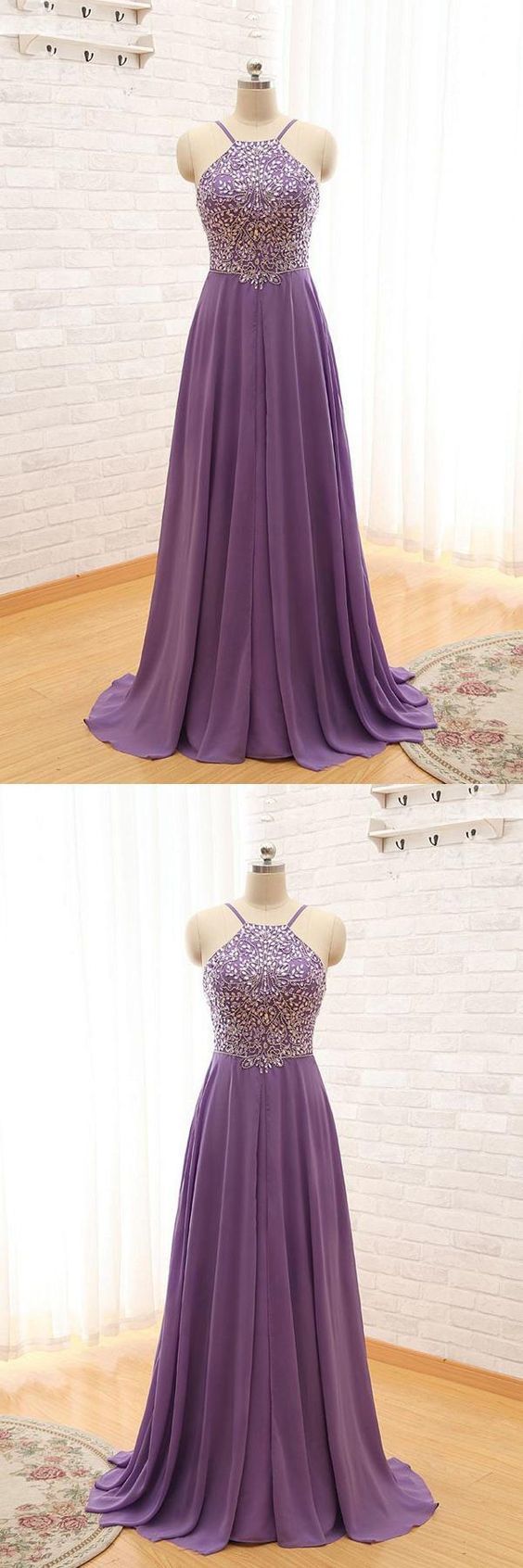 A-line Backless Purple Beaded Long A-line Prom Dress, Spaghetti Straps Evening Dress