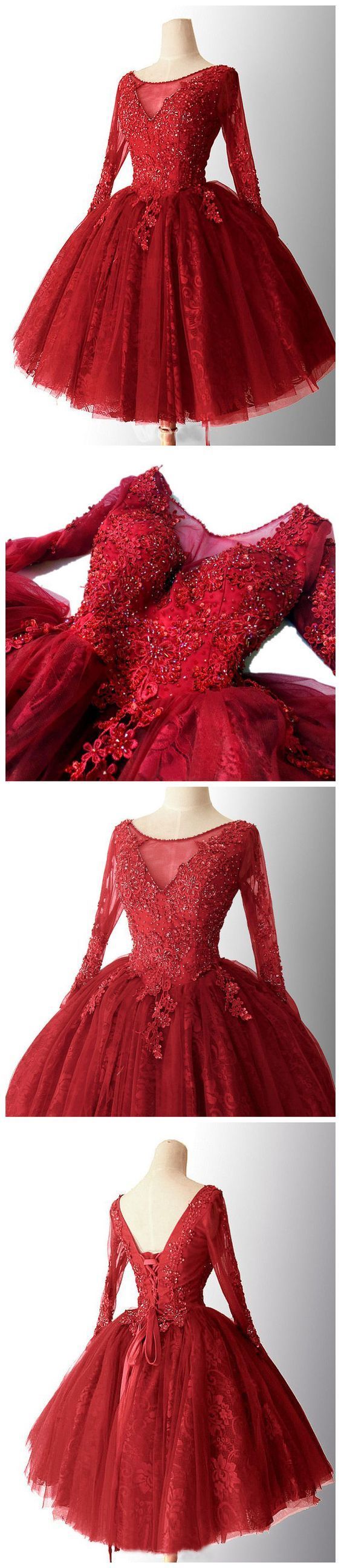 Chic A-line Red Homecoming Dresses Lace Short Prom Dress Long Sleeve Homecoming Dress