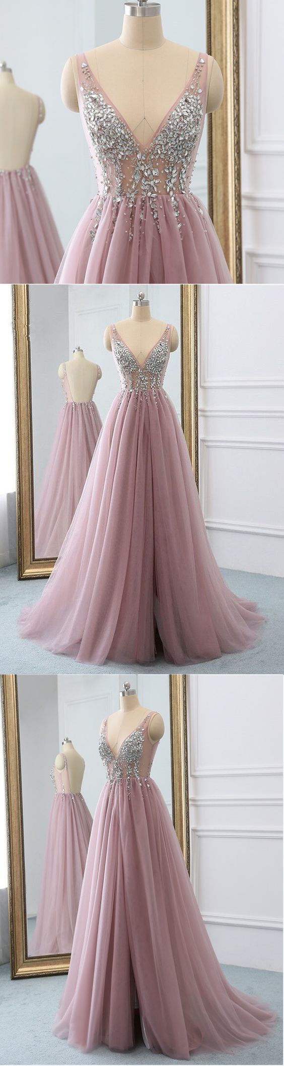 Pink Tulle V Neck Sequins Long Open Back Senior Prom Dress, Evening Dress