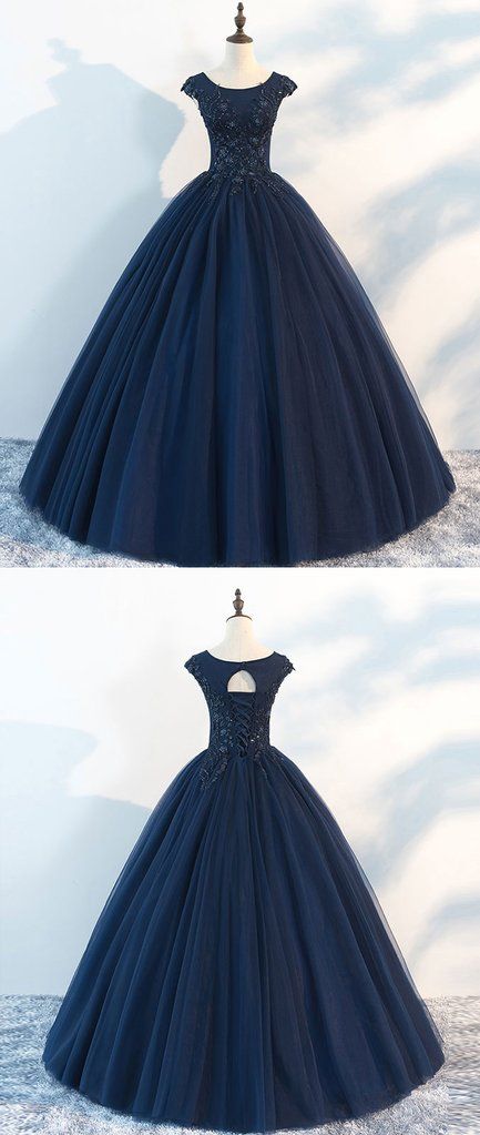 Dark Blue Round Neck Tulle Lace Long Prom Dress, Blue Tulle Lace Evening